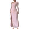 imageMakeMeChic Womens Mesh One Shoulder Dress Ruched Drawstring Long Sleeve Dresses Split Thight Maxi DressesPink
