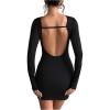 imageMakeMeChic Womens Open Back Long Sleeve Backless Round Neck Slim Fit Bodycon Mini DressBlack