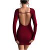 imageMakeMeChic Womens Open Back Long Sleeve Backless Round Neck Slim Fit Bodycon Mini DressBurgundy