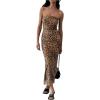 imageMakeMeChic Womens Strapless Maxi Dress Cocktail Mesh Ombre Bodycon Tube DressesCheetah Light Brown