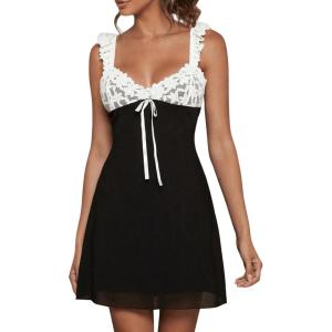 imageMakeMeChic Womens Floral Lace Color Block Mini Dress Bow Knot A Line Short DressesBlack and White