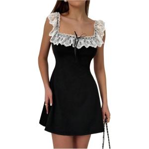 imageMakeMeChic Womens Floral Lace Color Block Mini Dress Bow Knot A Line Short DressesWhite and Black