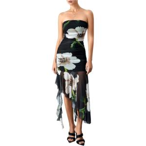 imageMakeMeChic Womens Floral Sleeveless Tube Dress Summer Ruched Mesh Hem Ruffle Maxi DressBlack
