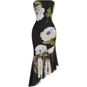 imageMakeMeChic Womens Floral Tube Top Dress Strapless Ruched Ruffle Hem Bodycon Long DressesMulticolor