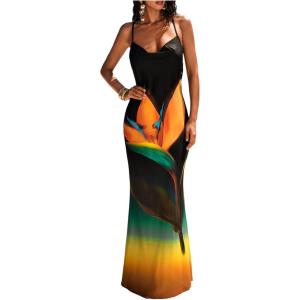 imageMakeMeChic Womens Mesh Cheetah Floral Maxi Coverup Dress Cowlneck Backless Criss Cross Beach DressGreen Multi