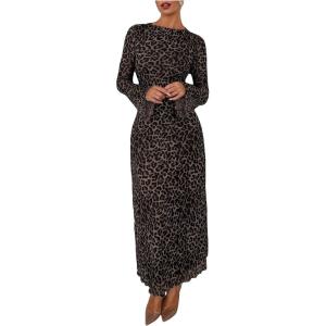 imageMakeMeChic Womens Mesh Leopard Print Dress Bell Sleeve Lettuce Trim Bodycon Maxi DressesBlack