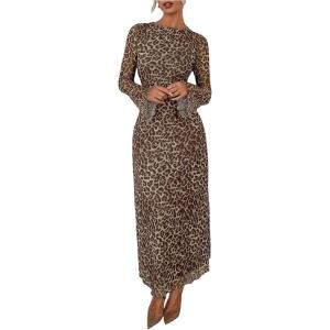 imageMakeMeChic Womens Mesh Leopard Print Dress Bell Sleeve Lettuce Trim Bodycon Maxi DressesBrown
