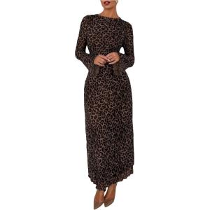 imageMakeMeChic Womens Mesh Leopard Print Dress Bell Sleeve Lettuce Trim Bodycon Maxi DressesDeep Brown