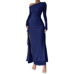 imageMakeMeChic Womens Mesh One Shoulder Dress Ruched Drawstring Long Sleeve Dresses Split Thight Maxi DressesBlue