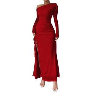 imageMakeMeChic Womens Mesh One Shoulder Dress Ruched Drawstring Long Sleeve Dresses Split Thight Maxi DressesBurgundy