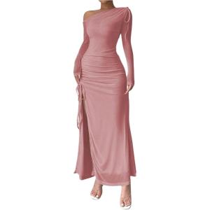 imageMakeMeChic Womens Mesh One Shoulder Dress Ruched Drawstring Long Sleeve Dresses Split Thight Maxi DressesDusty Pink