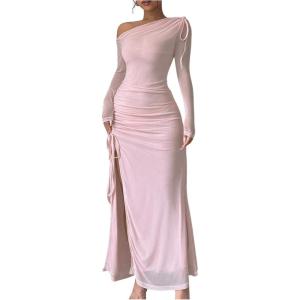 imageMakeMeChic Womens Mesh One Shoulder Dress Ruched Drawstring Long Sleeve Dresses Split Thight Maxi DressesPink