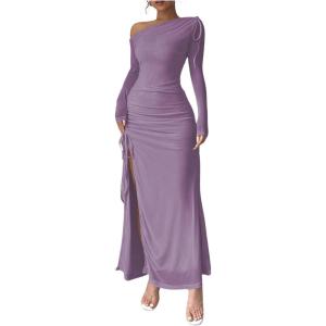 imageMakeMeChic Womens Mesh One Shoulder Dress Ruched Drawstring Long Sleeve Dresses Split Thight Maxi DressesPurple