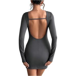 imageMakeMeChic Womens Open Back Long Sleeve Backless Round Neck Slim Fit Bodycon Mini DressGrey