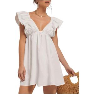 imageMakeMeChic Womens Ruffle Cap Sleeve Mini Dress Sweetheart Tie Back Summer Smock DressesWhite