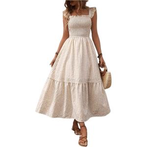 imageMakeMeChic Womens Shirred Plaid Gingham Dress Boho Ruffle Hem Frill Trim A Line Flowy Midi DressesBrown and White