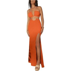 imageMakeMeChic Womens Sleeveless Criss Cross Halter Dress Cut Out High Waisted Split Thigh Maxi SundressOrange