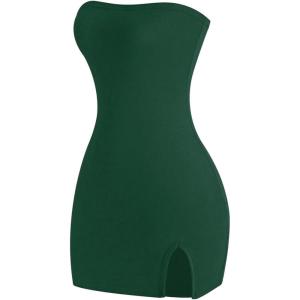 imageMakeMeChic Womens Strapless Dress Y2K Short Split Bodycon Mini Tube Party DressesDark Green