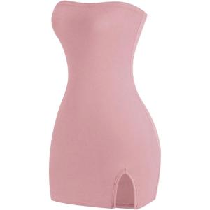 imageMakeMeChic Womens Strapless Dress Y2K Short Split Bodycon Mini Tube Party DressesDusty Pink