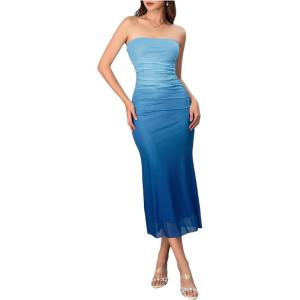 imageMakeMeChic Womens Strapless Maxi Dress Cocktail Mesh Ombre Bodycon Tube DressesBlue