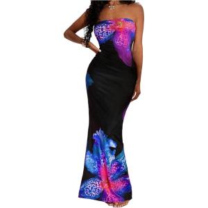 imageMakeMeChic Womens Strapless Maxi Dress Cocktail Mesh Ombre Bodycon Tube DressesBlue and Black
