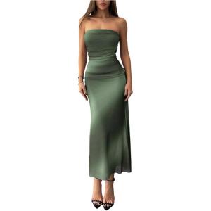 imageMakeMeChic Womens Strapless Maxi Dress Cocktail Mesh Ombre Bodycon Tube DressesGreen Ombre