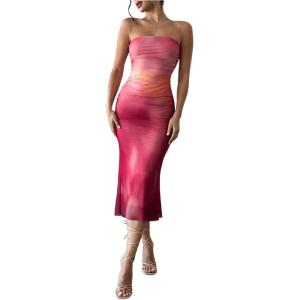 imageMakeMeChic Womens Strapless Maxi Dress Cocktail Mesh Ombre Bodycon Tube DressesHot Pink