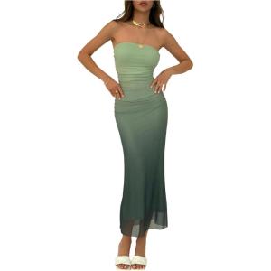 imageMakeMeChic Womens Strapless Maxi Dress Cocktail Mesh Ombre Bodycon Tube DressesLight Green