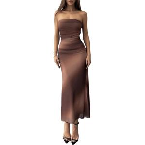 imageMakeMeChic Womens Strapless Maxi Dress Cocktail Mesh Ombre Bodycon Tube DressesMocha Brown