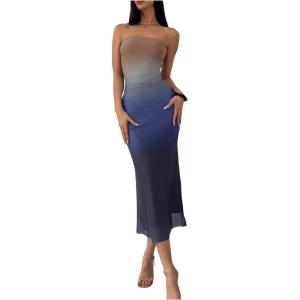 imageMakeMeChic Womens Strapless Maxi Dress Cocktail Mesh Ombre Bodycon Tube DressesOmbre Blue