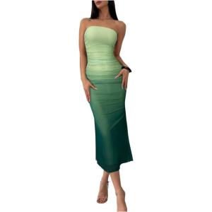 imageMakeMeChic Womens Strapless Maxi Dress Cocktail Mesh Ombre Bodycon Tube DressesOmbre Green