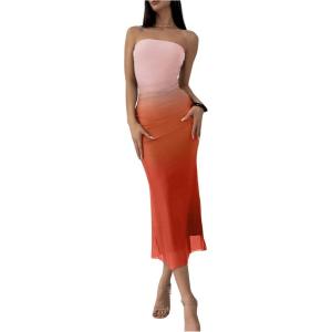 imageMakeMeChic Womens Strapless Maxi Dress Cocktail Mesh Ombre Bodycon Tube DressesOmbre Red