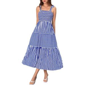 imageMakeMeChic Womens Striped Tie Shoulder Sleeveless A Line Camis Dress Ruffle Summer Long DressBlue and White