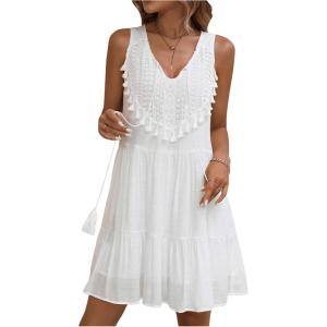 imageMakeMeChic Womens Textured Tie Neck A Line Mini Dress High Waist Tassel Trim Ruffle Hem Summer Beach Smock DressWhite