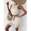 imageMakeMeChic Womens 2025 Summer Dress Casual Crochet Ribbed Knit Ruffle Hem Sleeveless Bodycon Tank Mini DressesBeige
