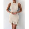 imageMakeMeChic Womens 2025 Summer Dress Casual Crochet Ribbed Knit Ruffle Hem Sleeveless Bodycon Tank Mini DressesBeige