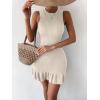 imageMakeMeChic Womens 2025 Summer Dress Casual Crochet Ribbed Knit Ruffle Hem Sleeveless Bodycon Tank Mini DressesBeige