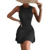 imageMakeMeChic Womens 2025 Summer Dress Casual Crochet Ribbed Knit Ruffle Hem Sleeveless Bodycon Tank Mini DressesBlack