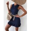 imageMakeMeChic Womens 2025 Summer Dress Casual Crochet Ribbed Knit Ruffle Hem Sleeveless Bodycon Tank Mini DressesDark Blue