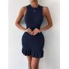 imageMakeMeChic Womens 2025 Summer Dress Casual Crochet Ribbed Knit Ruffle Hem Sleeveless Bodycon Tank Mini DressesDark Blue