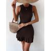 imageMakeMeChic Womens 2025 Summer Dress Casual Crochet Ribbed Knit Ruffle Hem Sleeveless Bodycon Tank Mini DressesDark Brown