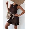 imageMakeMeChic Womens 2025 Summer Dress Casual Crochet Ribbed Knit Ruffle Hem Sleeveless Bodycon Tank Mini DressesDark Brown