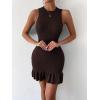 imageMakeMeChic Womens 2025 Summer Dress Casual Crochet Ribbed Knit Ruffle Hem Sleeveless Bodycon Tank Mini DressesDark Brown