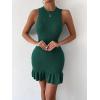imageMakeMeChic Womens 2025 Summer Dress Casual Crochet Ribbed Knit Ruffle Hem Sleeveless Bodycon Tank Mini DressesDark Green