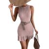 imageMakeMeChic Womens 2025 Summer Dress Casual Crochet Ribbed Knit Ruffle Hem Sleeveless Bodycon Tank Mini DressesDusty Purple