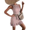 imageMakeMeChic Womens 2025 Summer Dress Casual Crochet Ribbed Knit Ruffle Hem Sleeveless Bodycon Tank Mini DressesDusty Purple