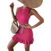 imageMakeMeChic Womens 2025 Summer Dress Casual Crochet Ribbed Knit Ruffle Hem Sleeveless Bodycon Tank Mini DressesHot Pink