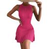 imageMakeMeChic Womens 2025 Summer Dress Casual Crochet Ribbed Knit Ruffle Hem Sleeveless Bodycon Tank Mini DressesHot Pink