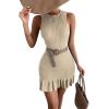 imageMakeMeChic Womens 2025 Summer Dress Casual Crochet Ribbed Knit Ruffle Hem Sleeveless Bodycon Tank Mini DressesKhaki