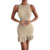 imageMakeMeChic Womens 2025 Summer Dress Casual Crochet Ribbed Knit Ruffle Hem Sleeveless Bodycon Tank Mini DressesKhaki